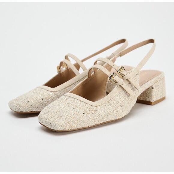 ZARA Tweed Double-Strap Slingback Heels 🤍✨ | Size 7.5 | NWT | RARE - Picture 6 of 9